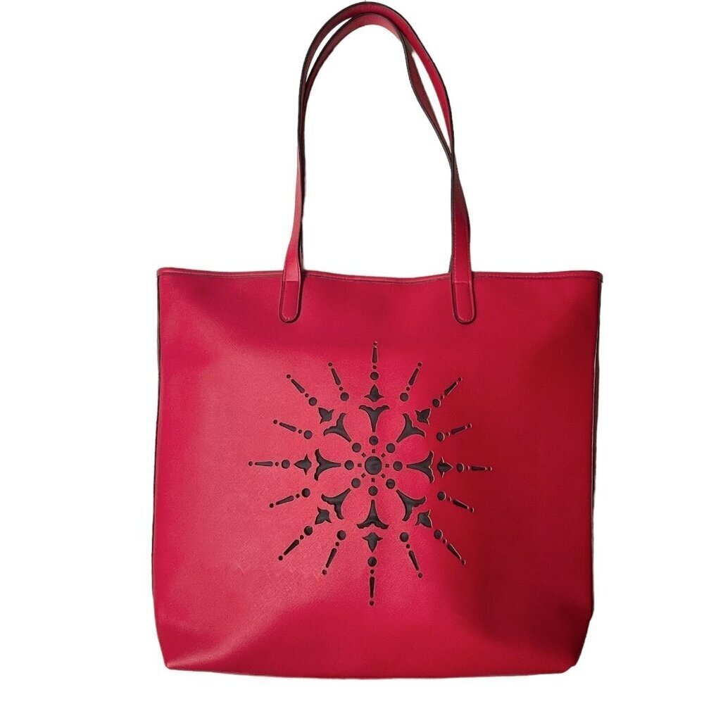 NWT Crabtree & Evelyn Large Red Tote Bag Laser Cut Vegan Leather Classic Travel
